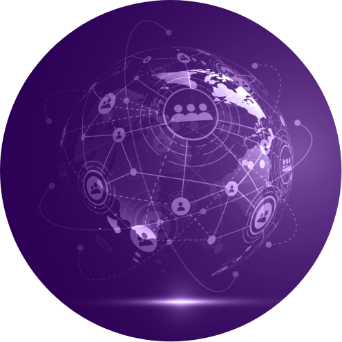 Circular photo of a purple globe made of networks, encircled by a pink-purple-to-blue ombre paint stroke